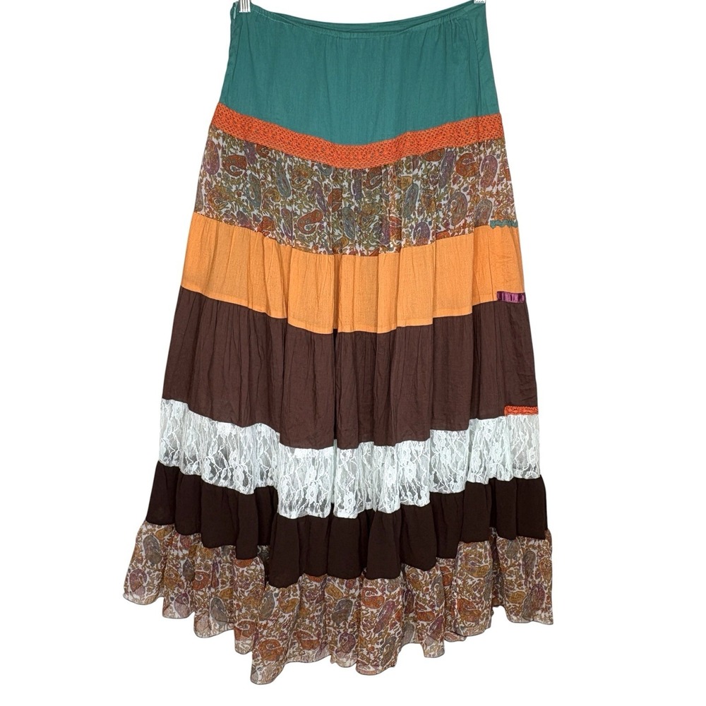 Boho Cottage Patchwork Tier Ruffle Maxi Skirt Med Festival Indie Lace Embroider